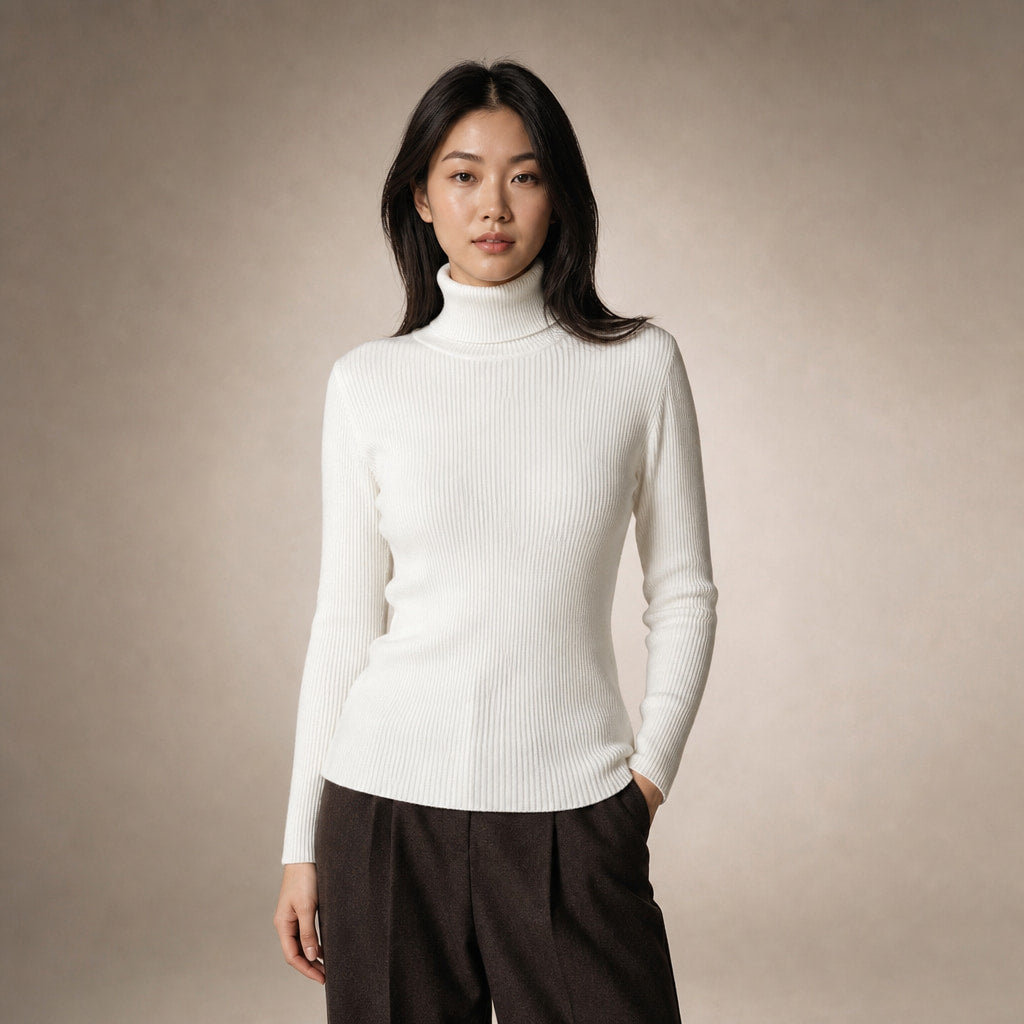 Slim Fit Long Sleeve Ribbed Turtleneck Sweater in White – Mampierimoda Premium Womenswear