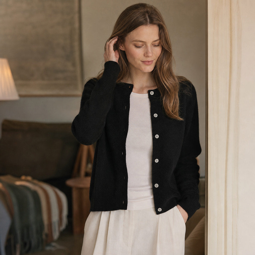 Soft Button Cardigan Black – Styled Editorial Shot