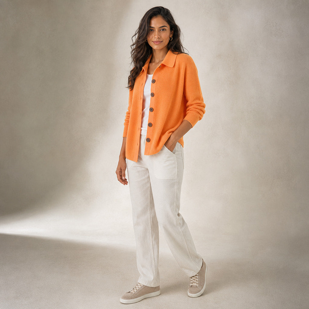 Soft Casual Women's Button-Up Knit Cardigan Orange – Side Angle View