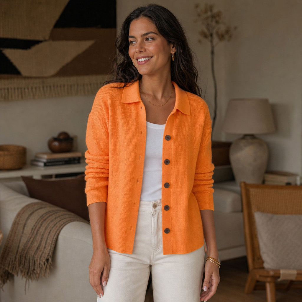 Soft Casual Women's Button-Up Knit Cardigan Orange – Styled Editorial Shot