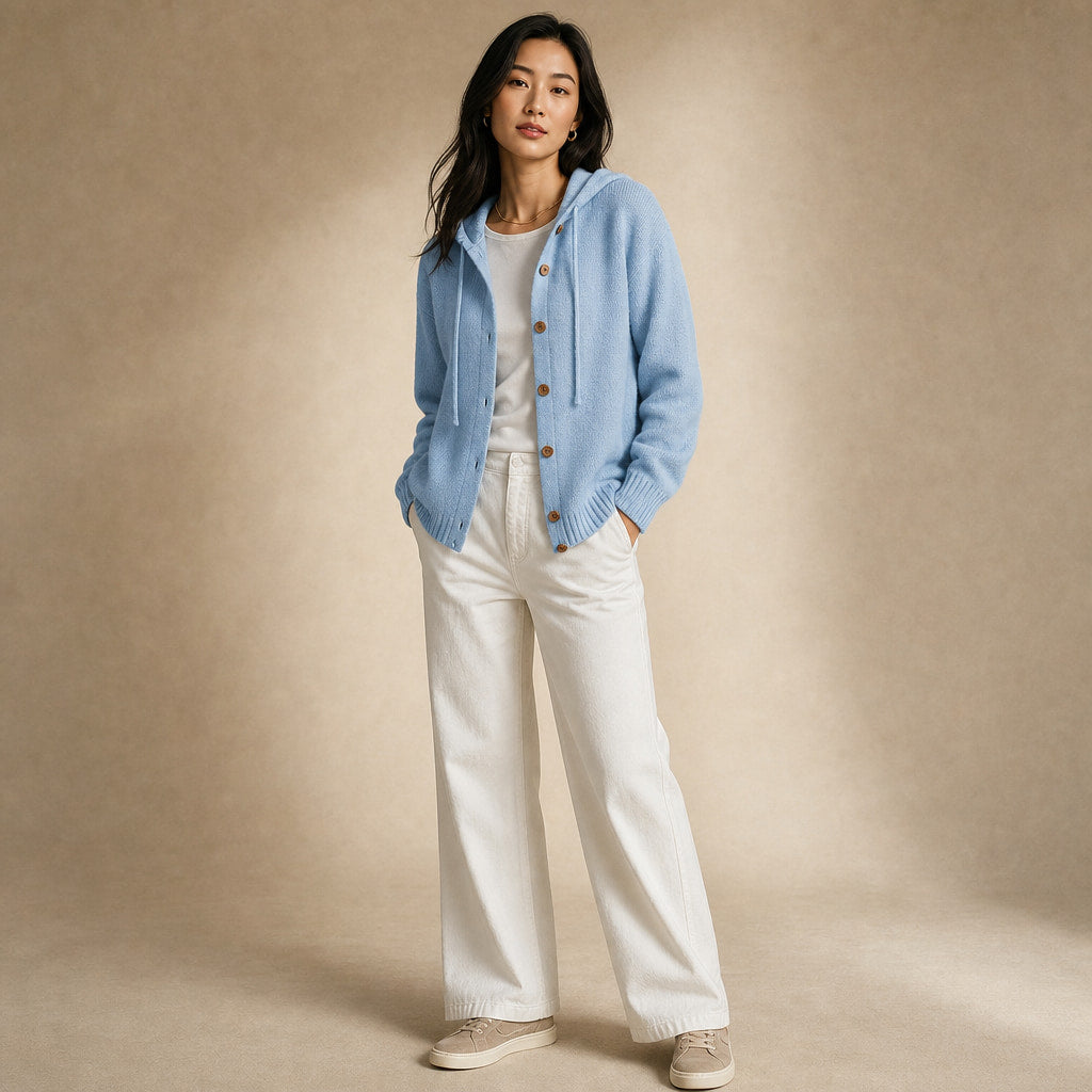 Soft Hooded Women's Cardigan Blue – Side Angle View
