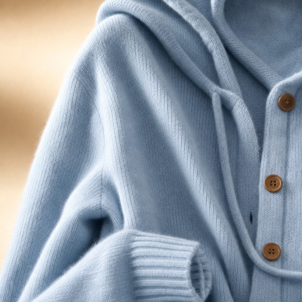 Soft Hooded Women's Cardigan Blue – Fabric and Detail Close-Up