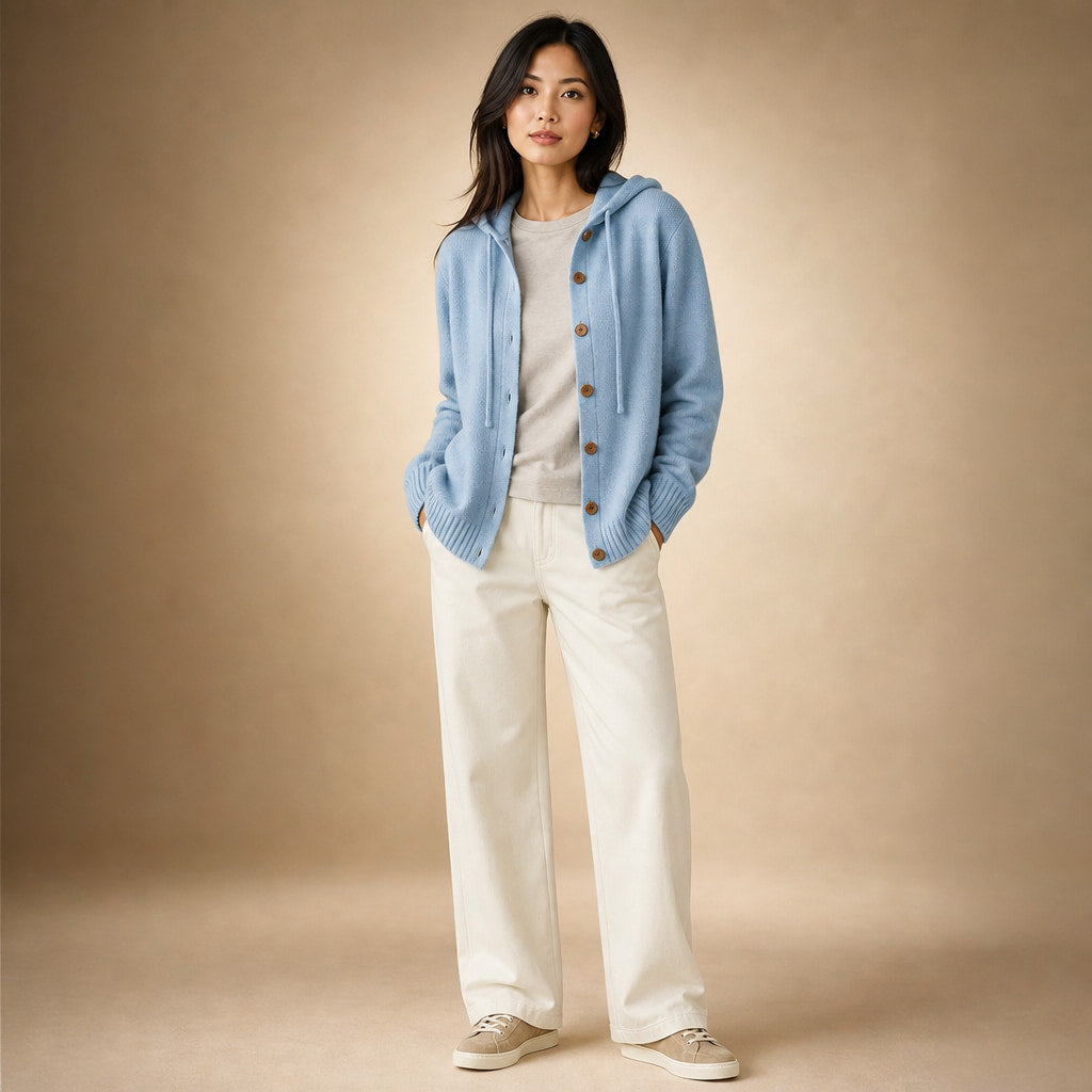 Soft Hooded Women's Cardigan Blue – Full Look