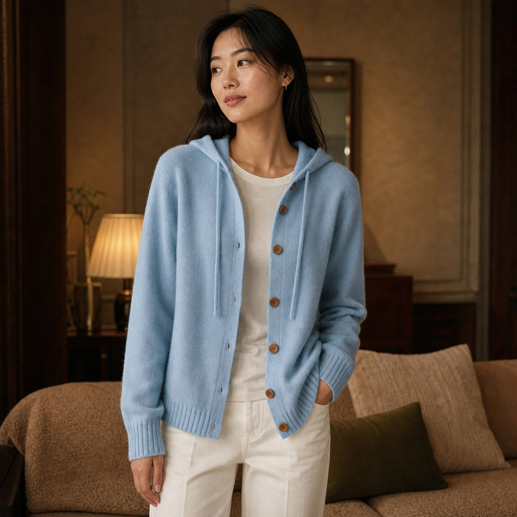 Soft Hooded Women's Cardigan Blue – Styled Editorial Shot