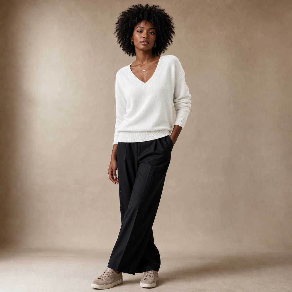 Fine-Knit V-Neck Sweater Relaxed Fit White – Side Angle View
