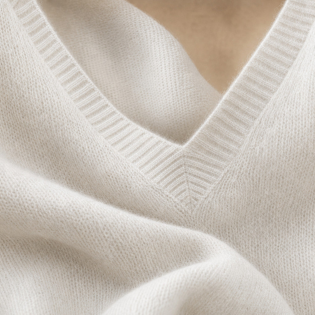 Fine-Knit V-Neck Sweater Relaxed Fit White – Fabric and Detail Close-Up