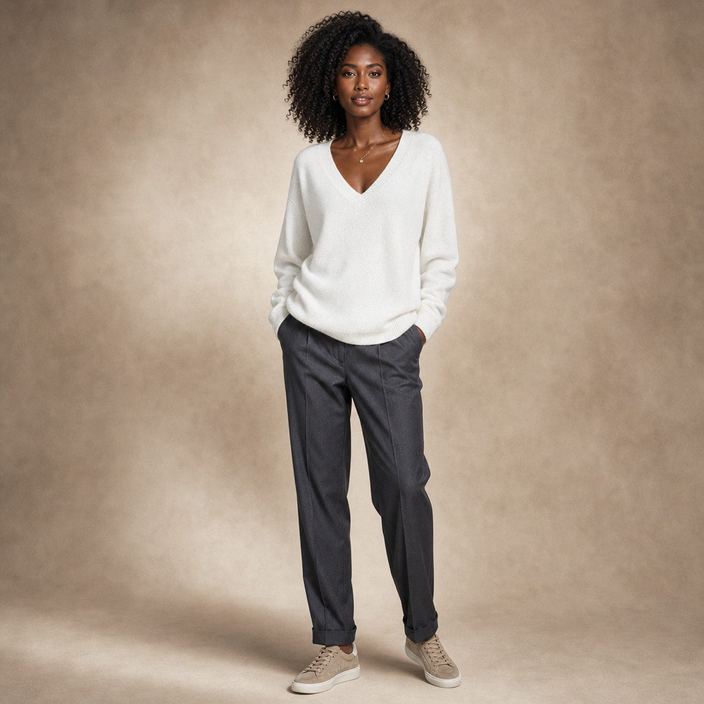 Fine-Knit V-Neck Sweater Relaxed Fit White – Full Look