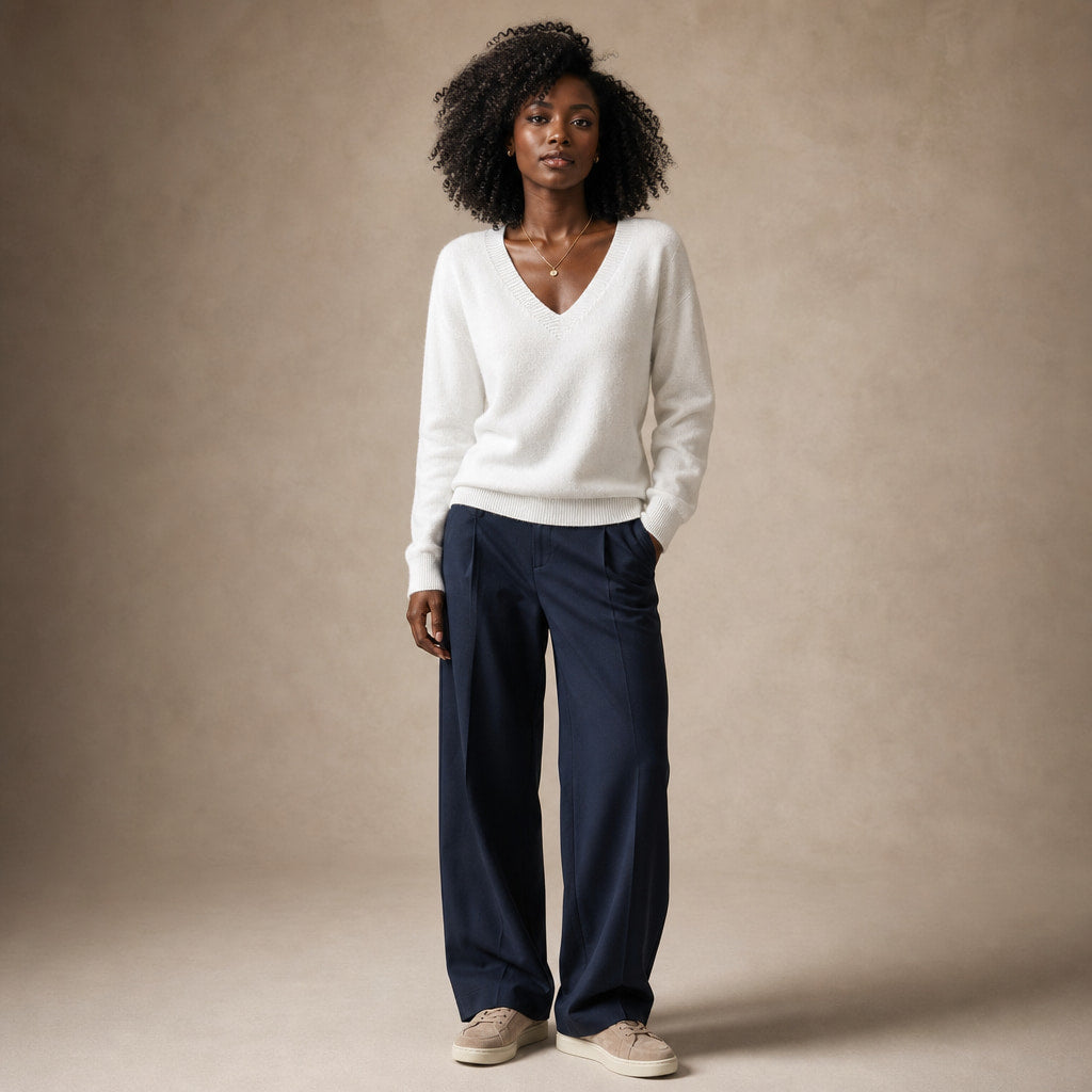 Fine-Knit V-Neck Sweater Relaxed Fit in White – Mampierimoda Premium Womenswear