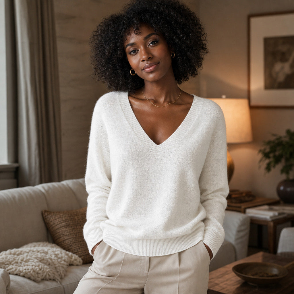 Fine-Knit V-Neck Sweater Relaxed Fit White – Styled Editorial Shot