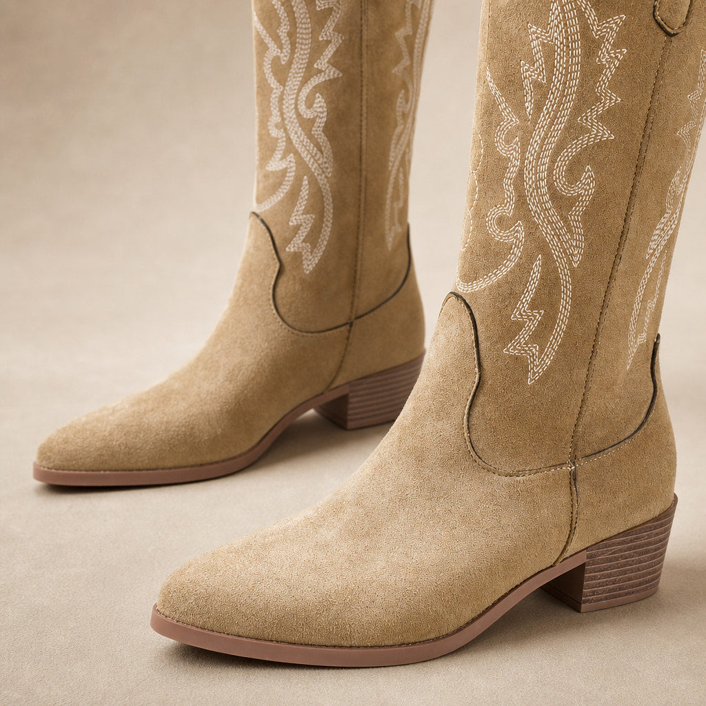 Refined And Sophisticated Wide Calf Cowboy Boots Beige – Fabric and Detail Close-Up