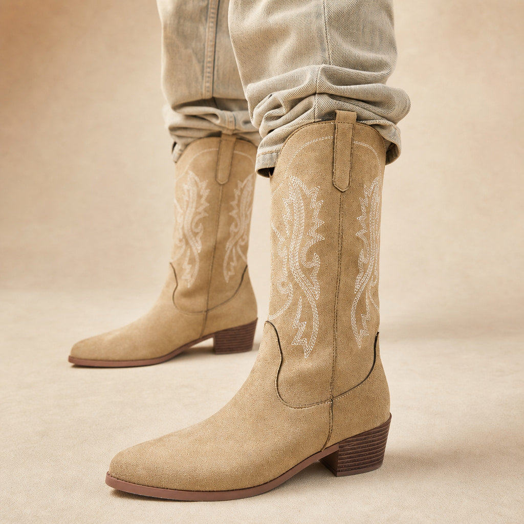 Refined And Sophisticated Wide Calf Cowboy Boots in Beige – Mampierimoda Premium Womenswear
