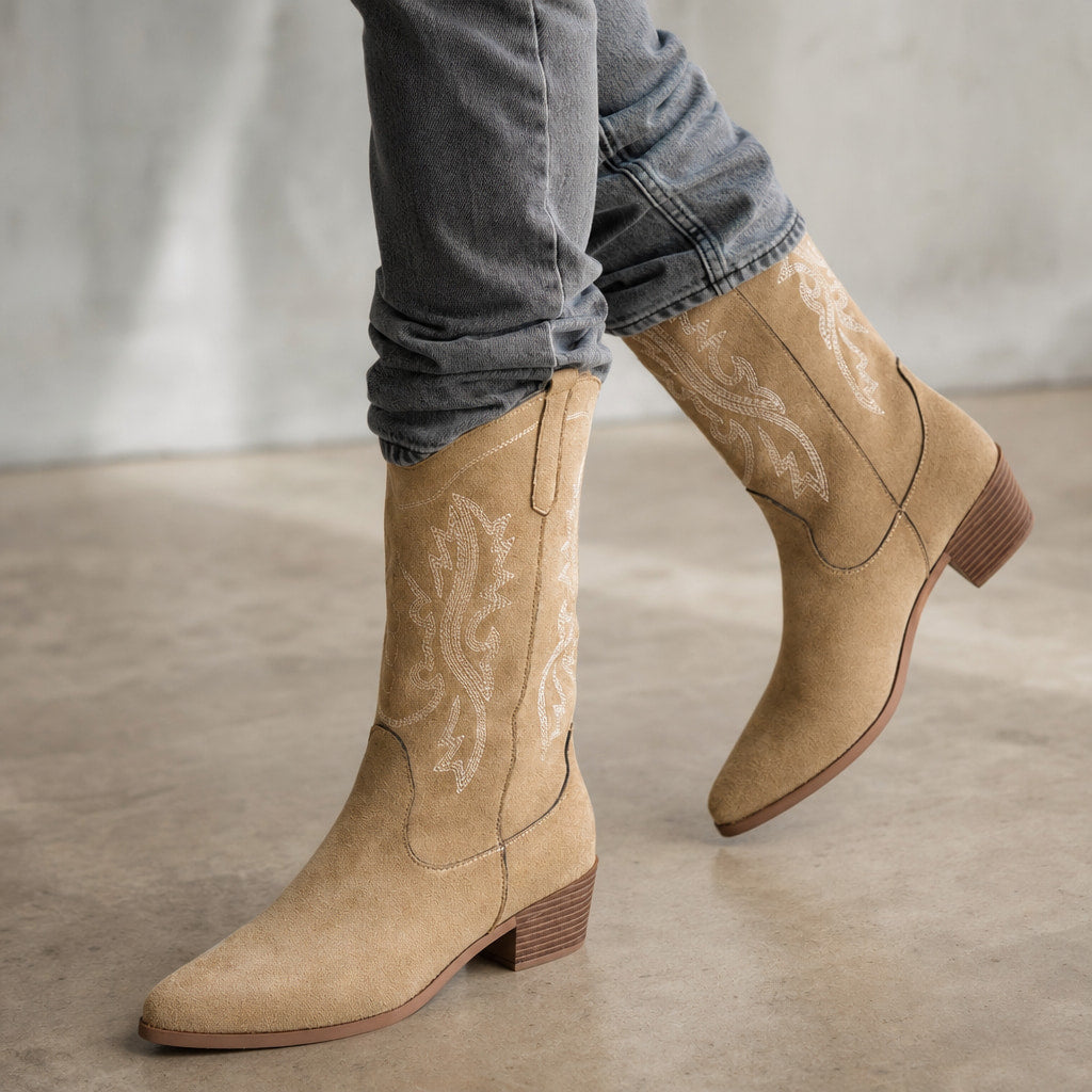 Refined And Sophisticated Wide Calf Cowboy Boots Beige – Styled Editorial Shot, Detail