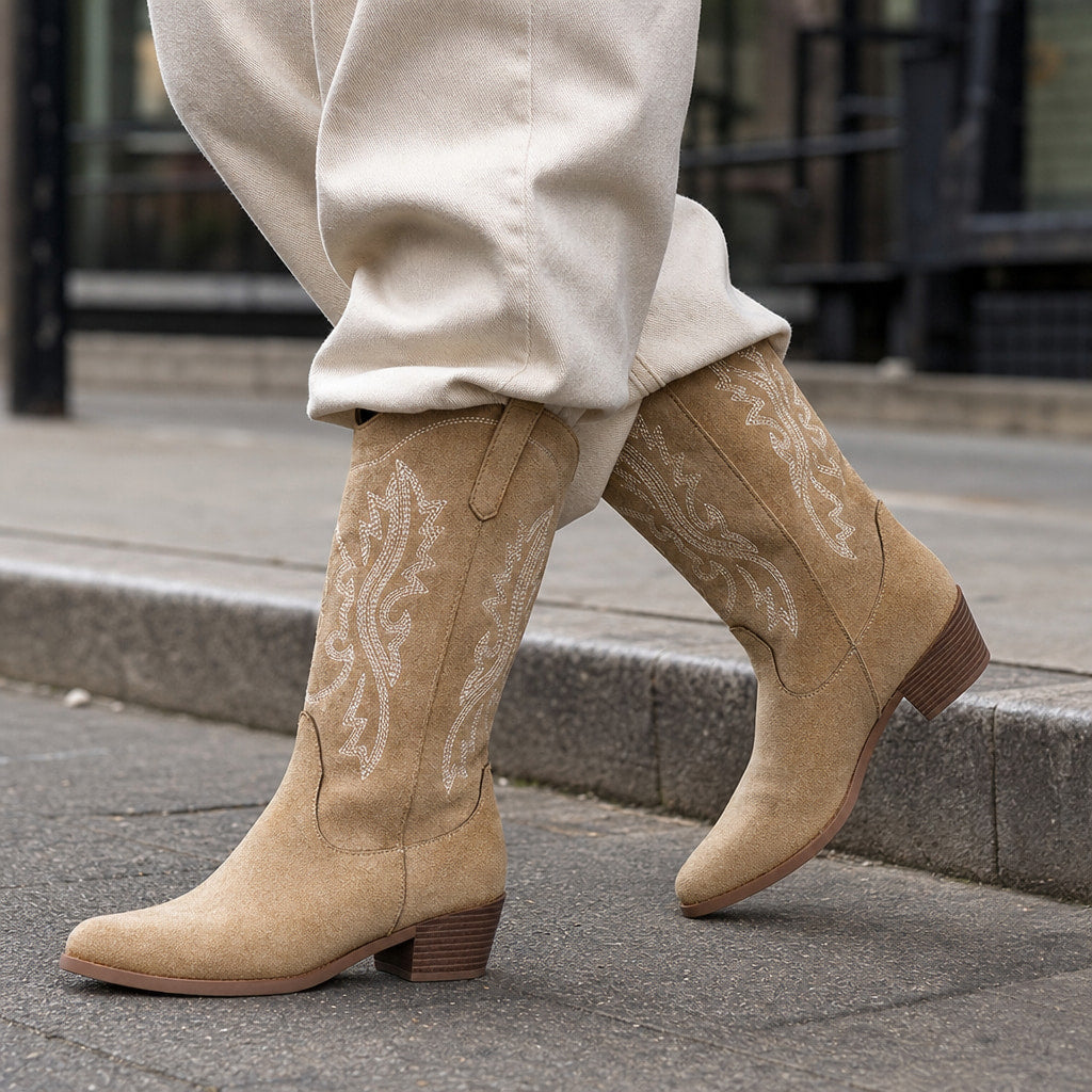 Refined And Sophisticated Wide Calf Cowboy Boots Beige – Styled Editorial Shot