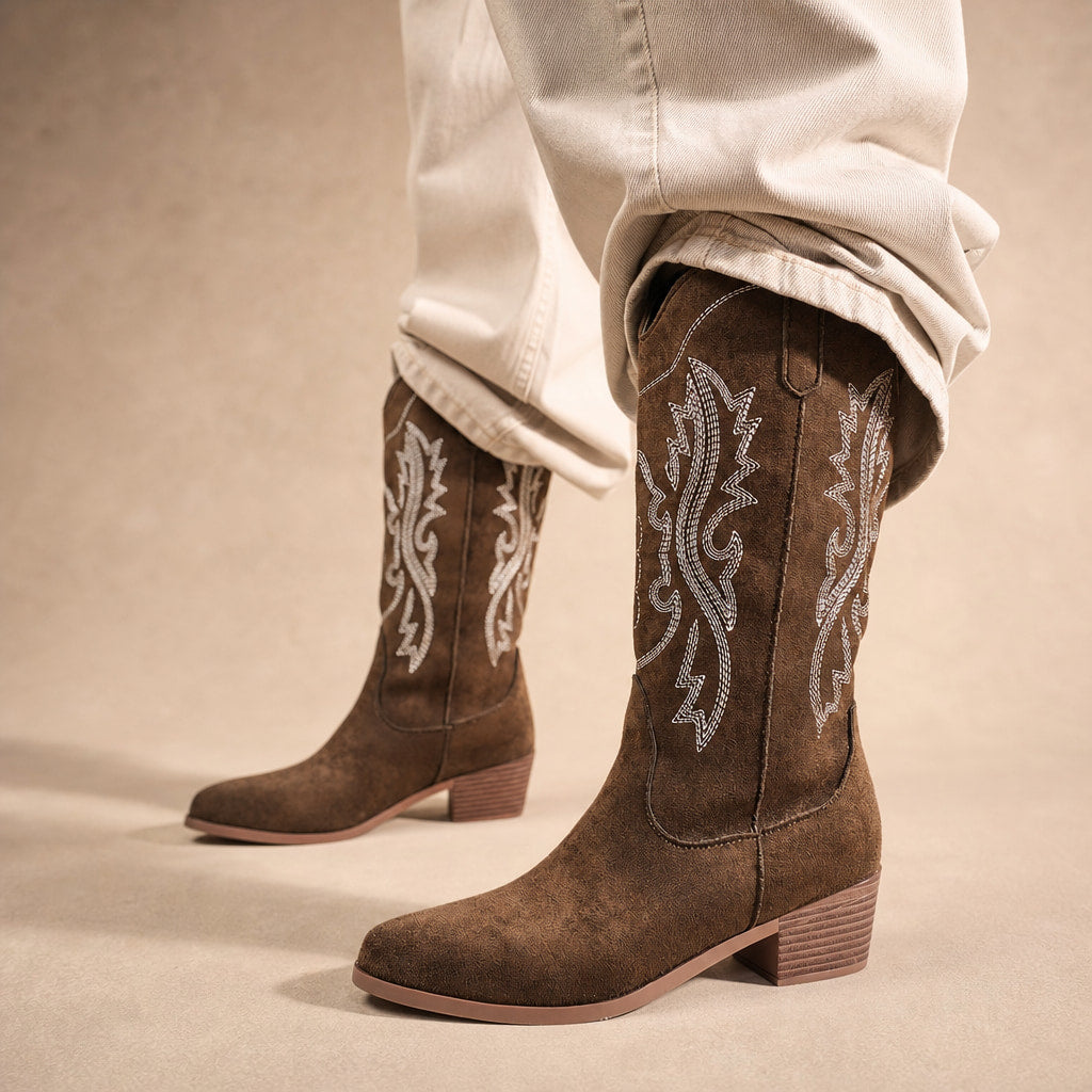Refined And Sophisticated Wide Calf Cowboy Boots Brown – Product Photo