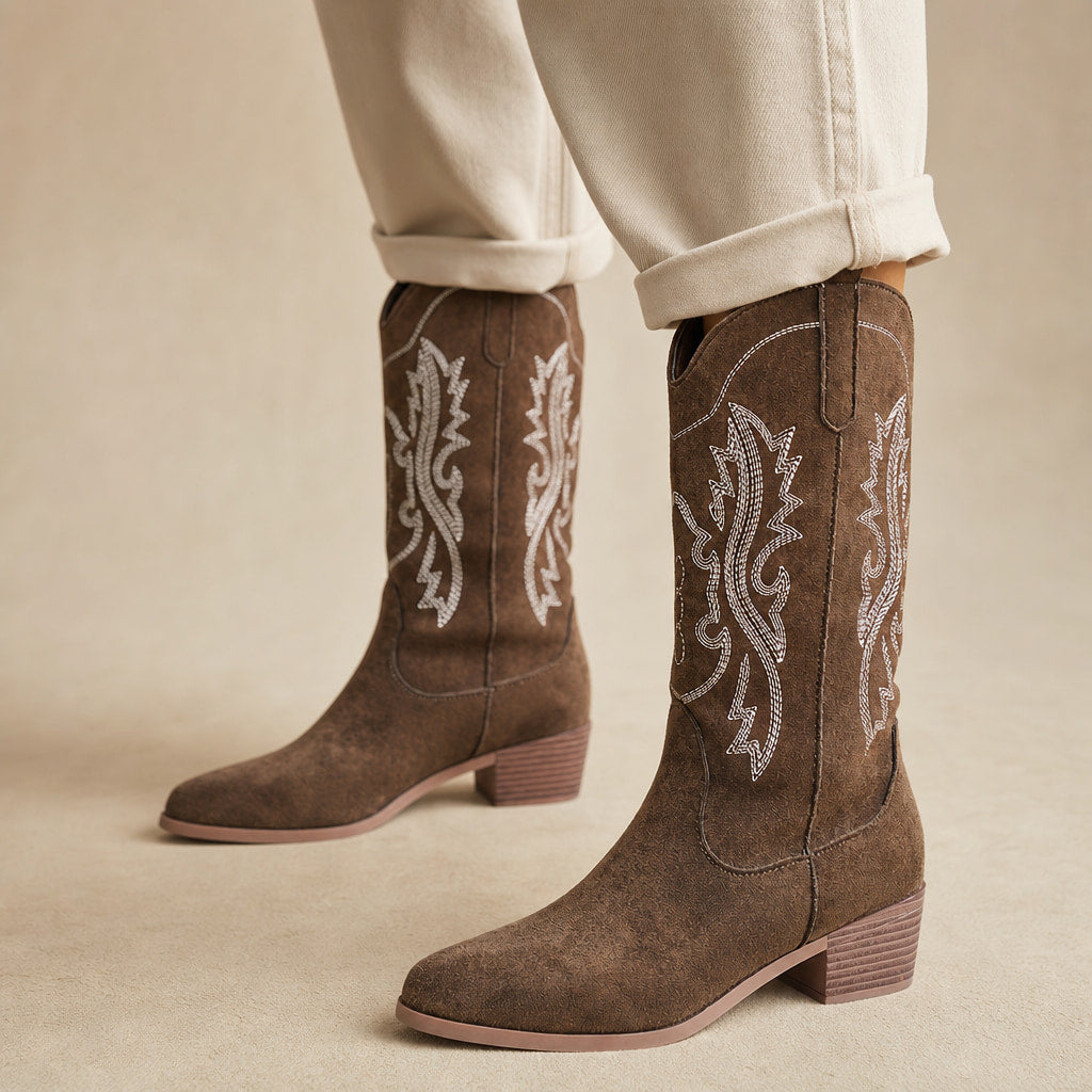 Refined And Sophisticated Wide Calf Cowboy Boots in Brown – Mampierimoda Premium Womenswear