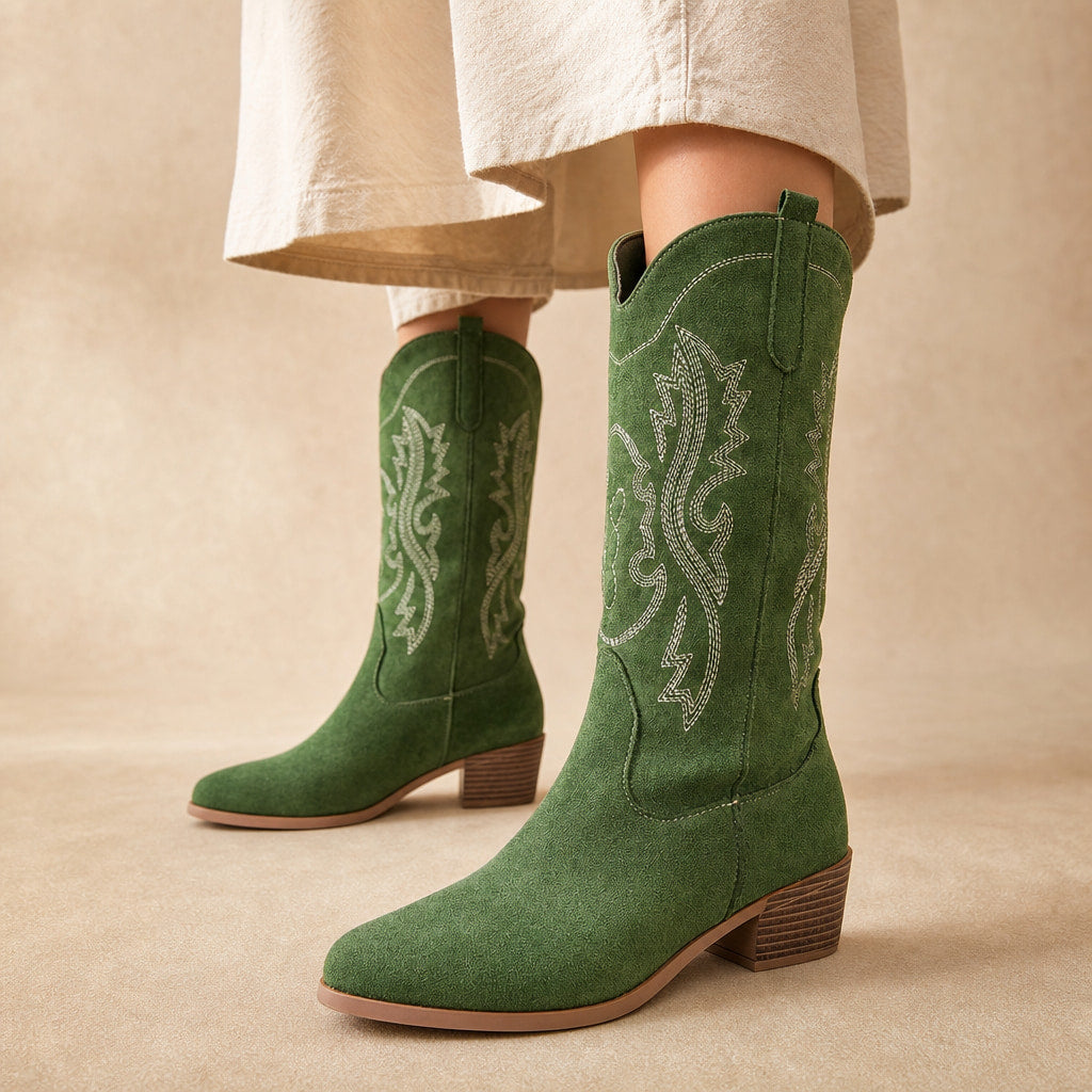 Refined And Sophisticated Wide Calf Cowboy Boots Green – Product Photo