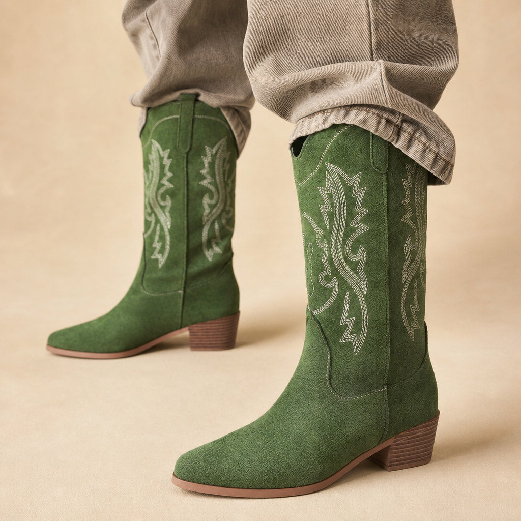 Refined And Sophisticated Wide Calf Cowboy Boots in Green – Mampierimoda Premium Womenswear