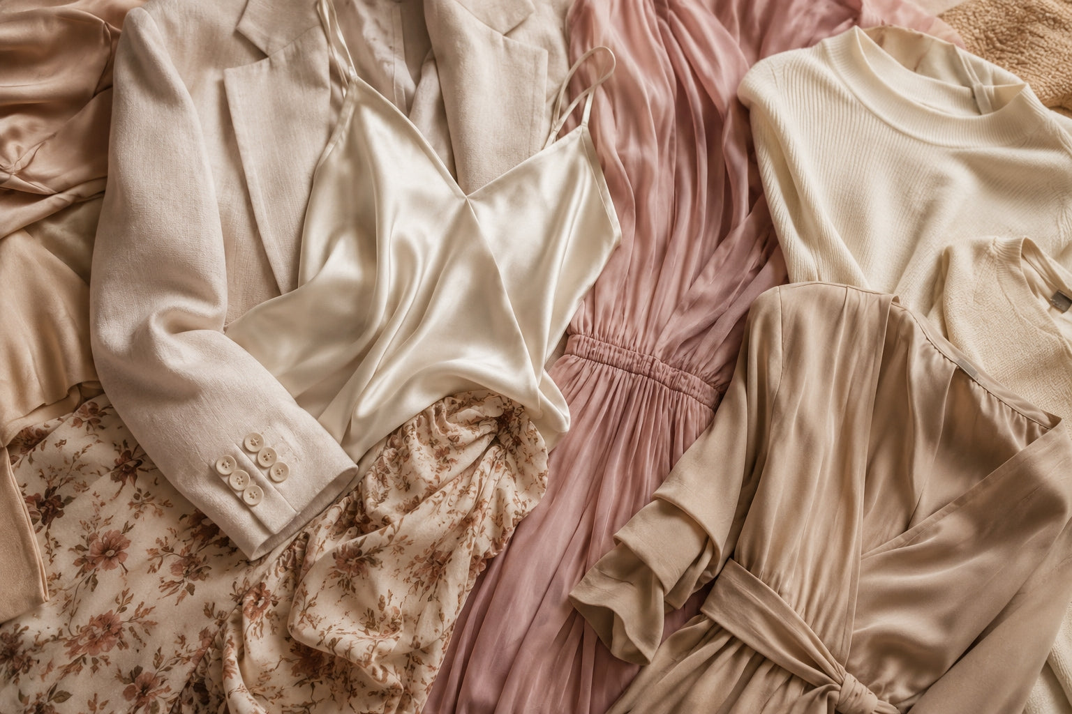A flat-lay of cream and blush womenswear pieces selected by Mampierimoda.
