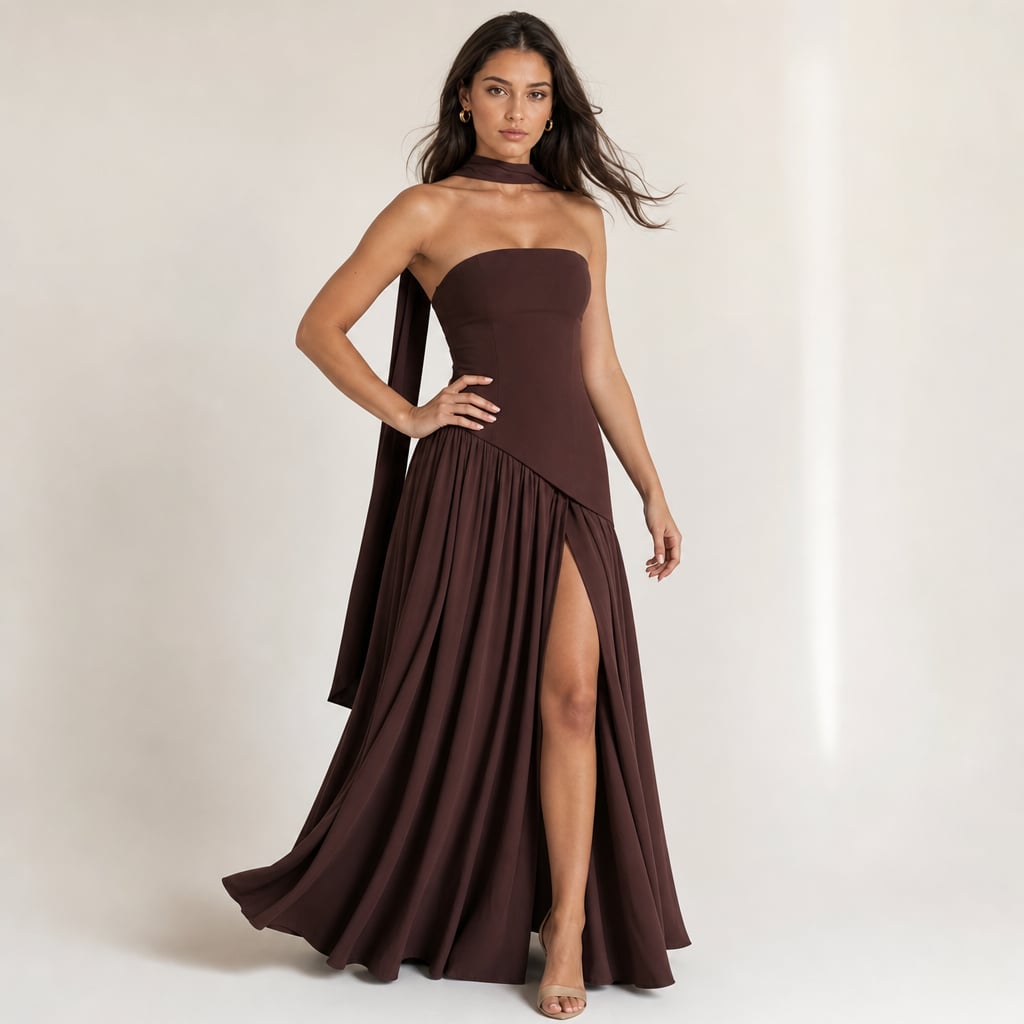 Strapless corset Maxi dress with scarf detail and high slit Brown – Side Angle View