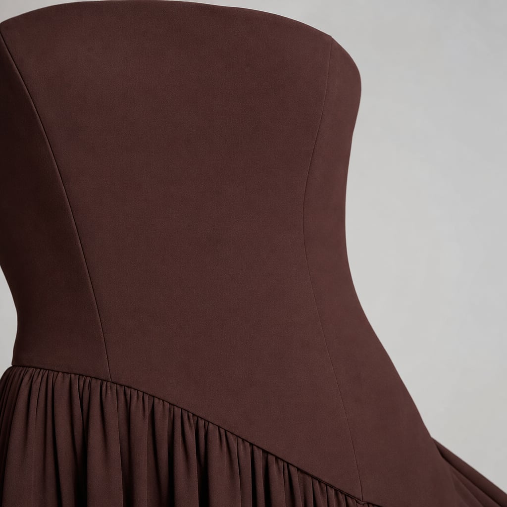 Strapless corset Maxi dress with scarf detail and high slit Brown – Fabric and Detail Close-Up