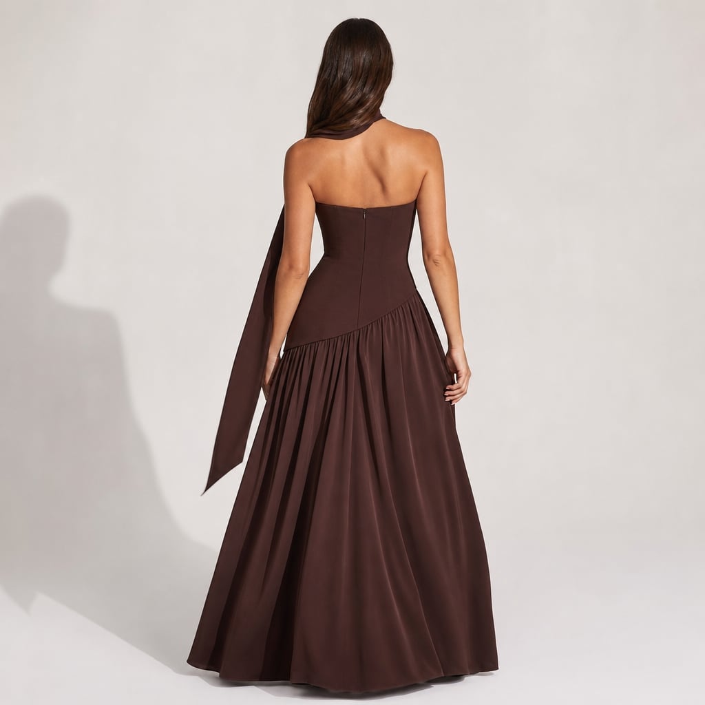 Strapless corset Maxi dress with scarf detail and high slit Brown – Full Look