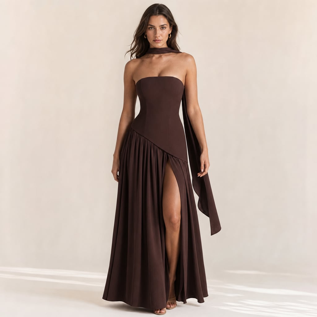 Strapless corset Maxi dress with scarf detail and high slit in Brown – Mampierimoda Premium Womenswear