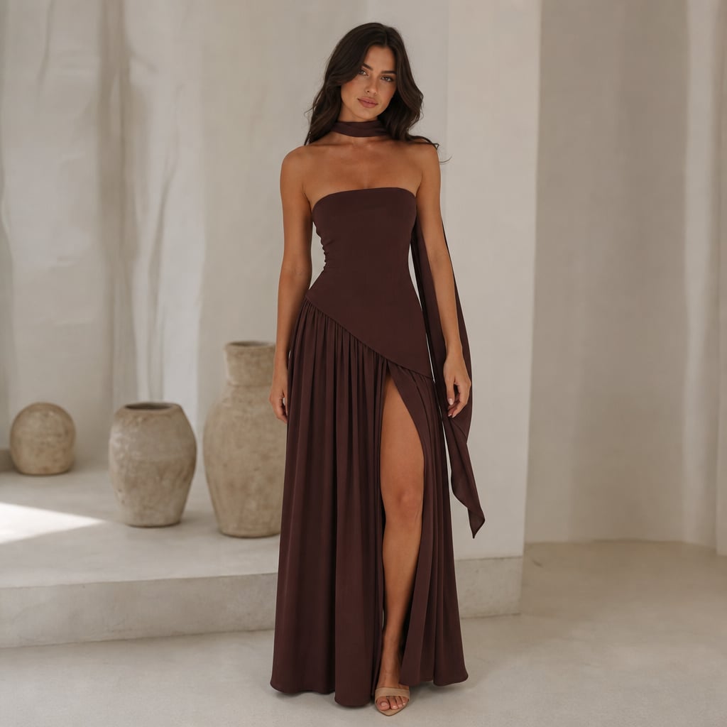 Strapless corset Maxi dress with scarf detail and high slit Brown – Styled Editorial Shot