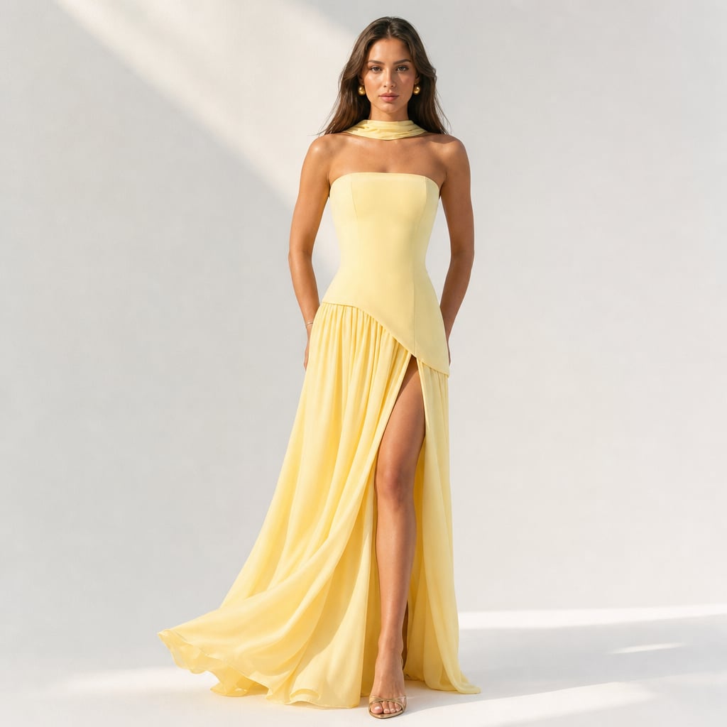 Strapless corset Maxi dress with scarf detail and high slit Lemon Yellow – Product Photo