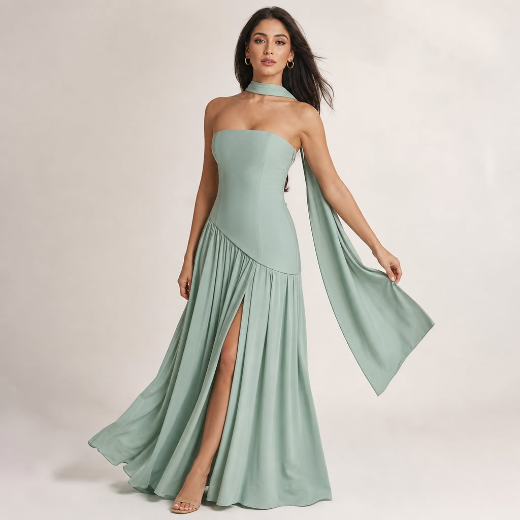 Strapless Corset Maxi Dress with Scarf Detail and High Slit Mint – Product Photo