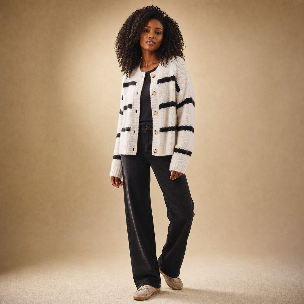 Striped Button-Down Winter Cardigan - Classic Knit Sweater White – Side Angle View