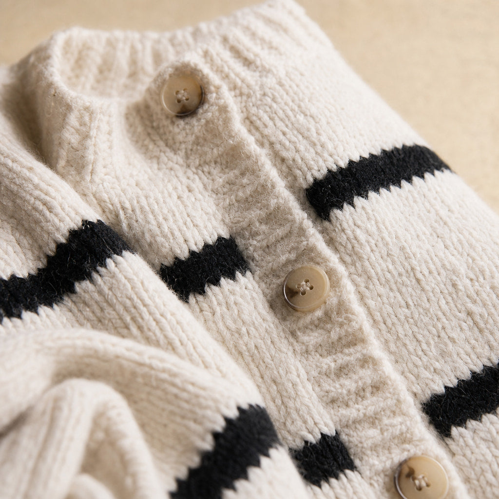 Striped Button-Down Winter Cardigan - Classic Knit Sweater White – Fabric and Detail Close-Up