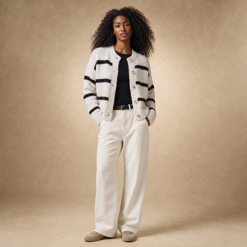 Striped Button-Down Winter Cardigan - Classic Knit Sweater White – Full Look