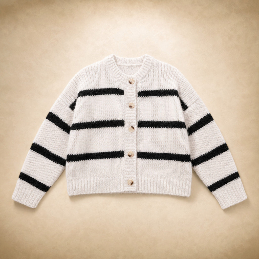 Striped Button-Down Winter Cardigan - Classic Knit Sweater White – Product Photo