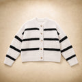 Striped Button-Down Winter Cardigan - Classic Knit Sweater White – Product Photo