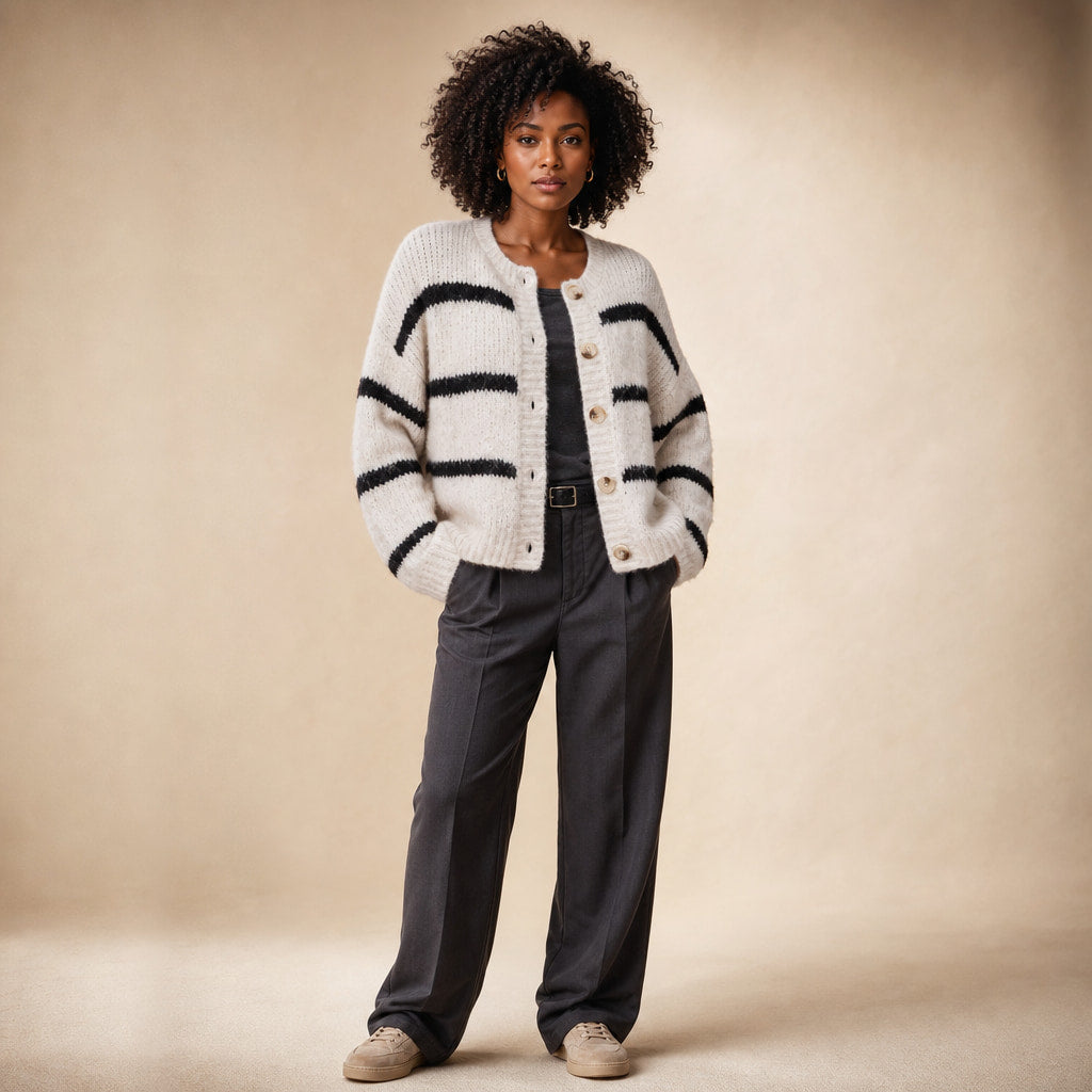 Striped Button-Down Winter Cardigan - Classic Knit Sweater in White – Mampierimoda Premium Womenswear