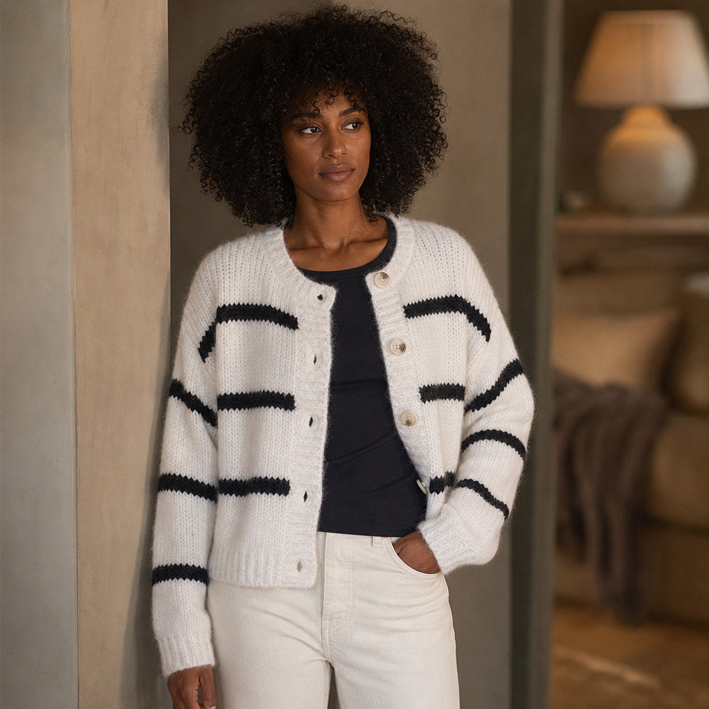 Striped Button-Down Winter Cardigan - Classic Knit Sweater White – Styled Editorial Shot