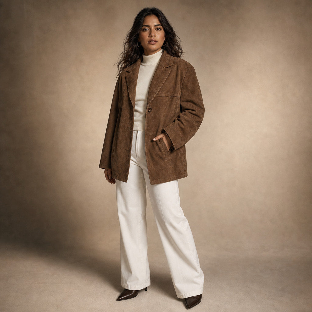 Stylish Brown Suede Oversized Trench Coat with Wide Lapel for Autumn/Winter Brown – Side Angle View