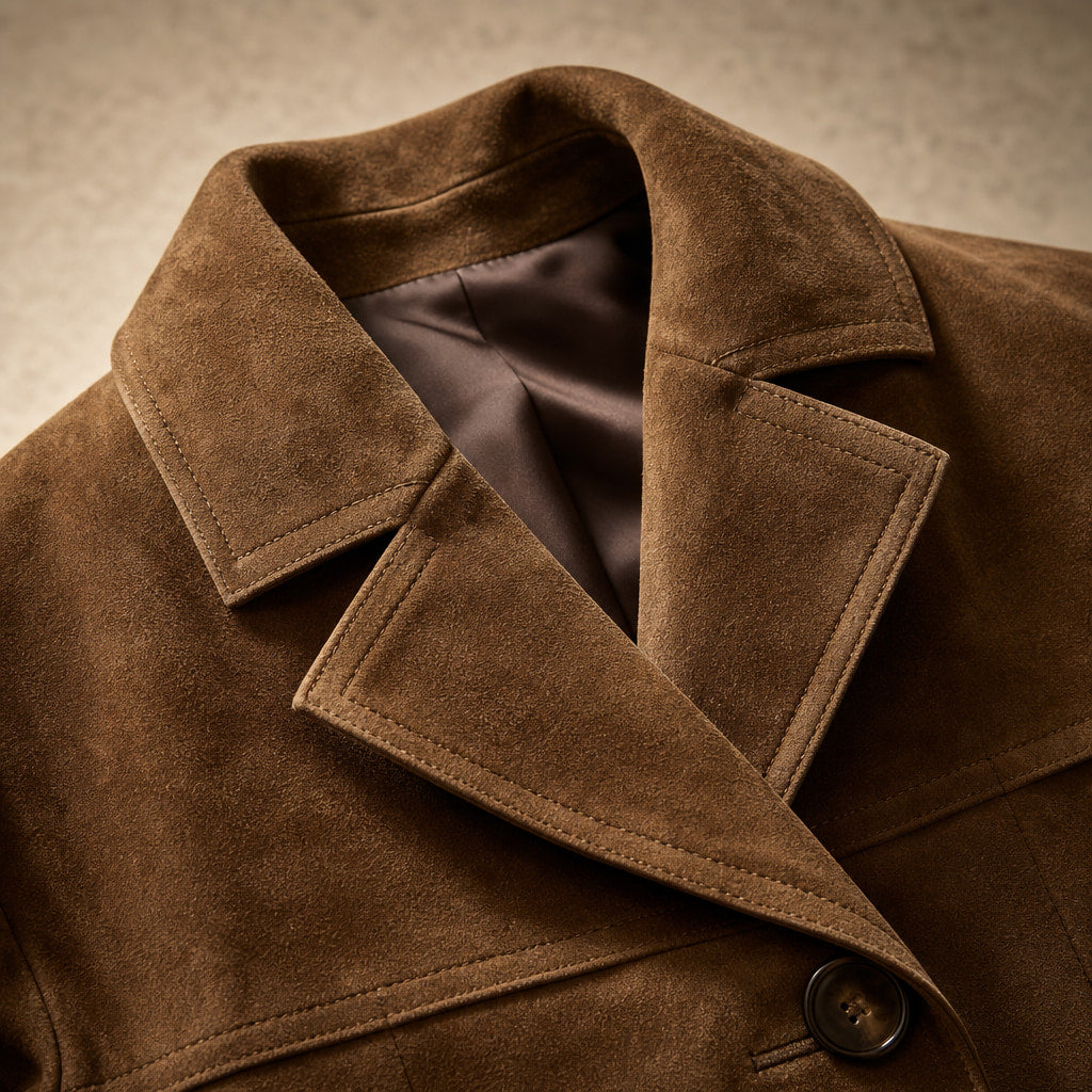 Stylish Brown Suede Oversized Trench Coat with Wide Lapel for Autumn/Winter Brown – Fabric and Detail Close-Up