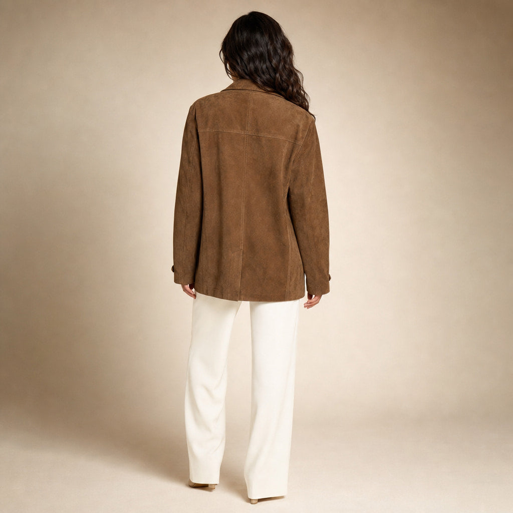 Stylish Brown Suede Oversized Trench Coat with Wide Lapel for Autumn/Winter Brown – Full Look