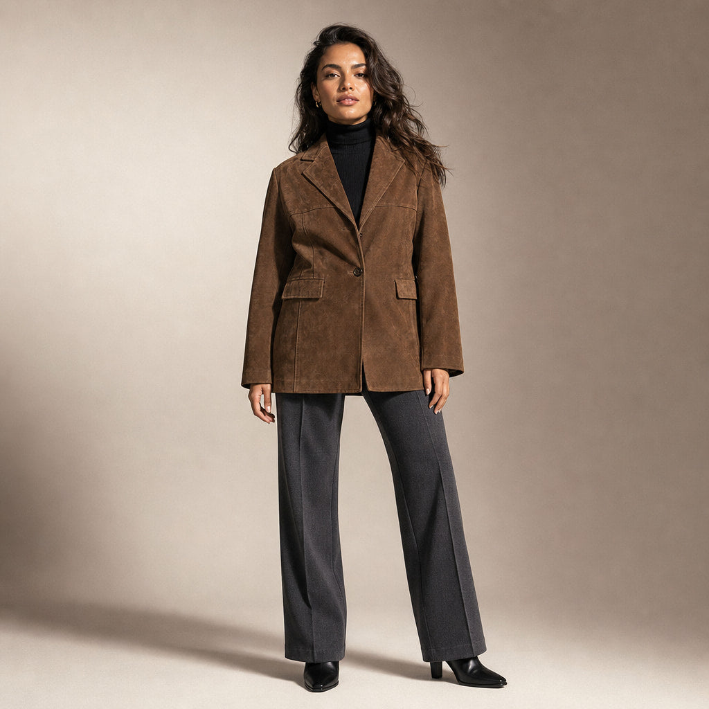 Stylish Brown Suede Oversized Trench Coat with Wide Lapel for Autumn/Winter in Brown – Mampierimoda Premium Womenswear