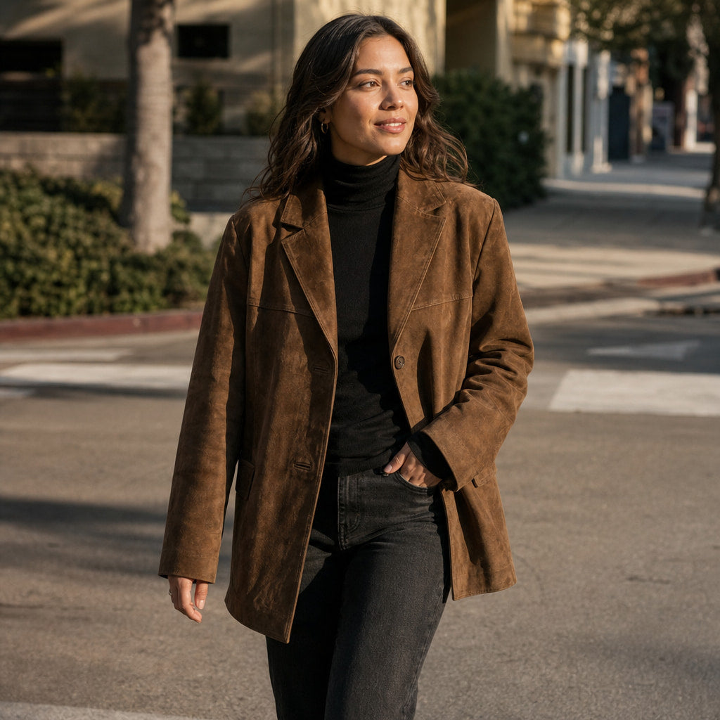 Stylish Brown Suede Oversized Trench Coat with Wide Lapel for Autumn/Winter Brown – Styled Editorial Shot