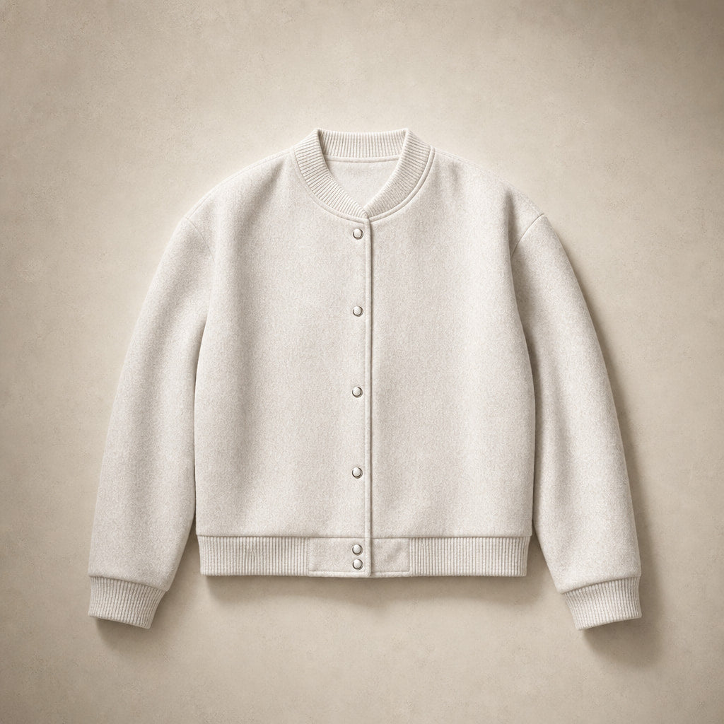 Stylish Cropped Button-Front Women's Bomber Jacket Beige – Flat Lay Product Photo