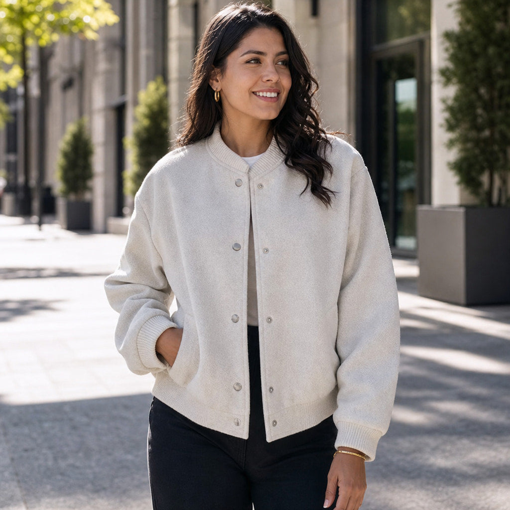 Stylish Cropped Button-Front Women's Bomber Jacket Beige – Styled Editorial Shot