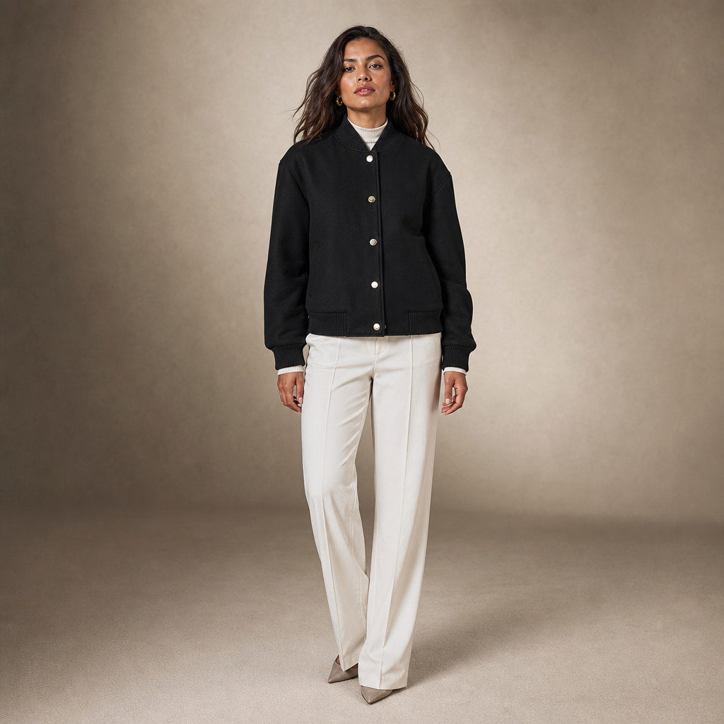 Stylish Cropped Button-Front Women's Bomber Jacket in Black – Mampierimoda Premium Womenswear