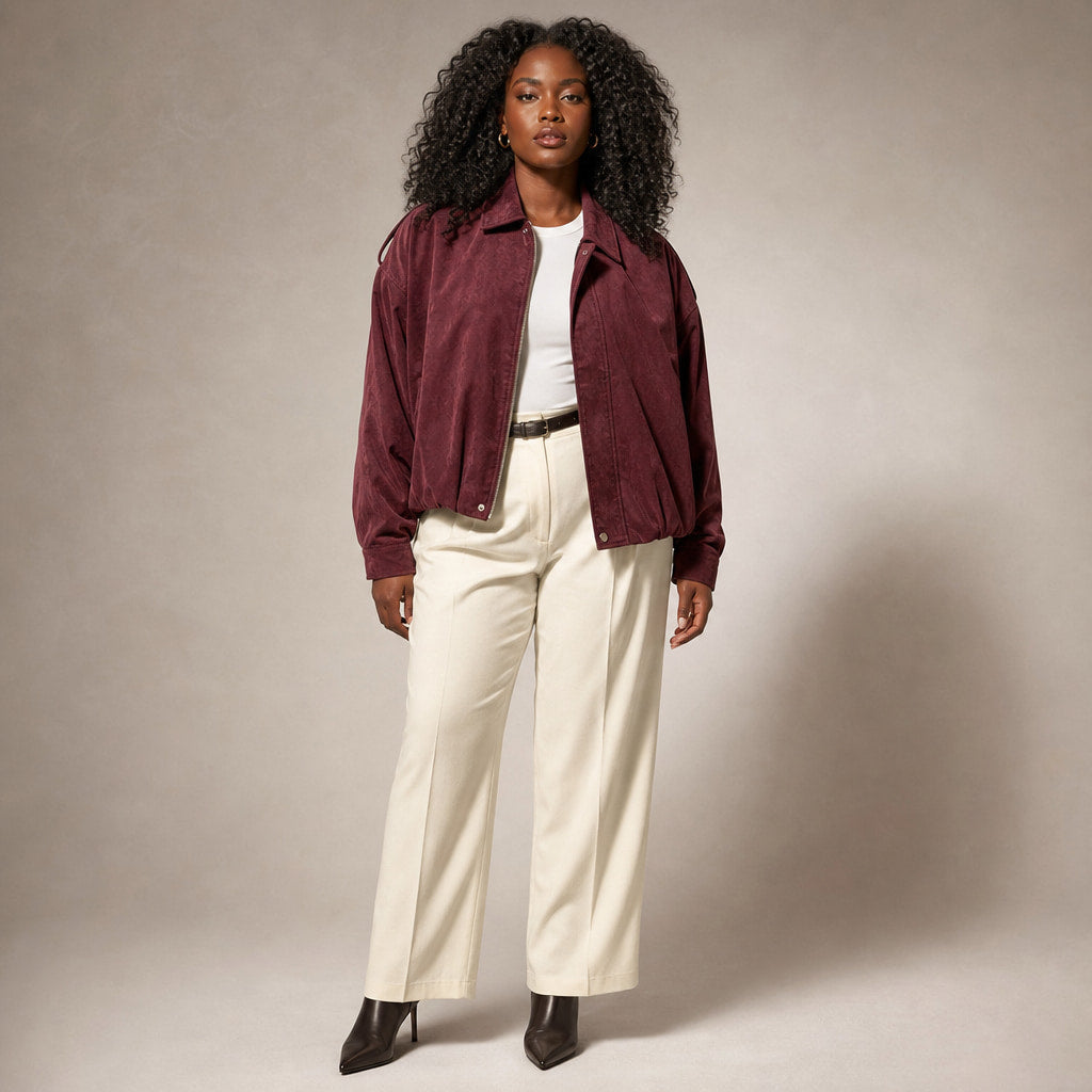 Stylish Cropped Zip-Up Women's Bomber Jacket in Burgundy – Mampierimoda Premium Womenswear
