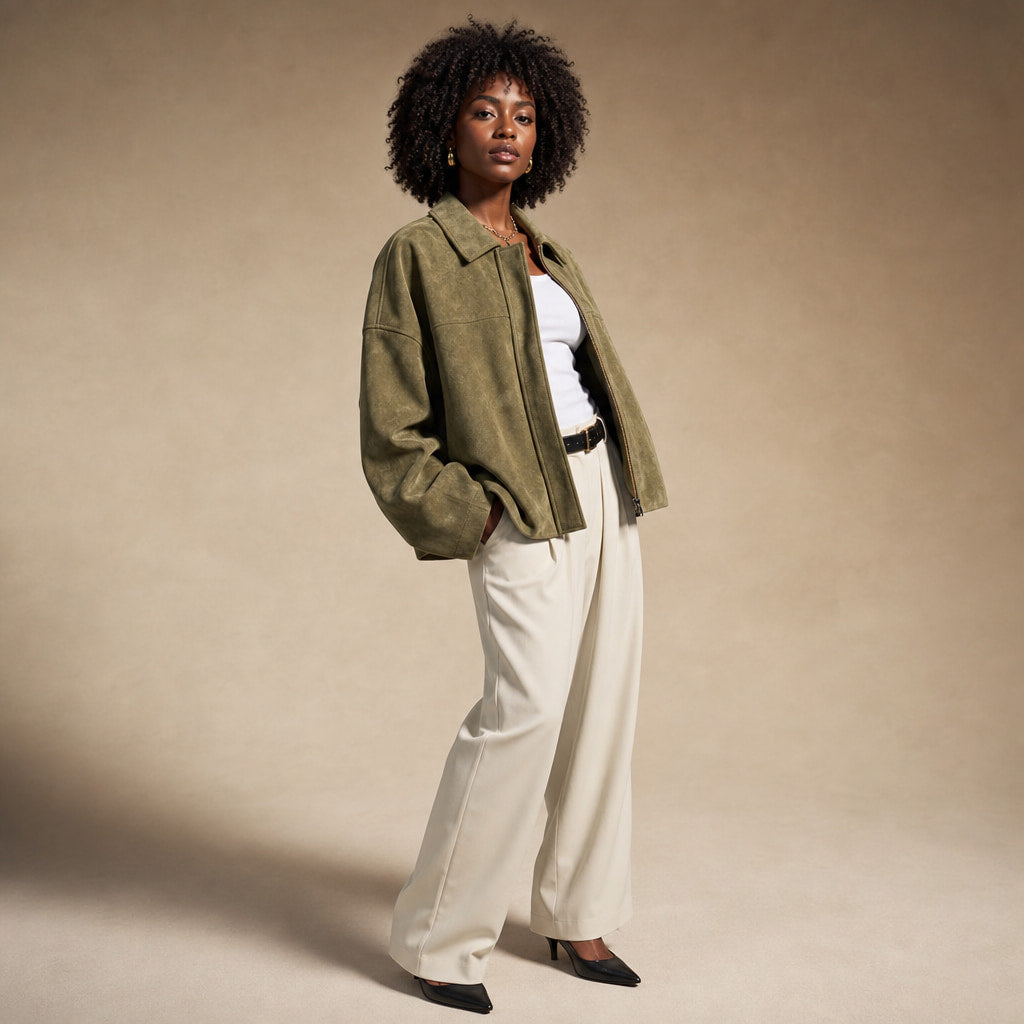 Stylish Cropped Zip-Up Women's Bomber Jacket Green – Side Angle View