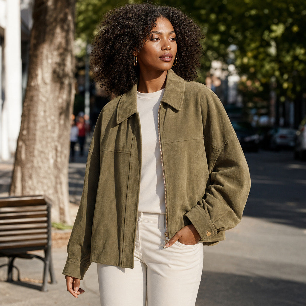 Stylish Cropped Zip-Up Women's Bomber Jacket Green – Styled Editorial Shot
