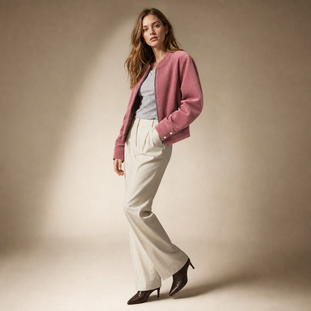 Stylish Cropped Zip-Up Women's Bomber Jacket Pink – Side Angle View