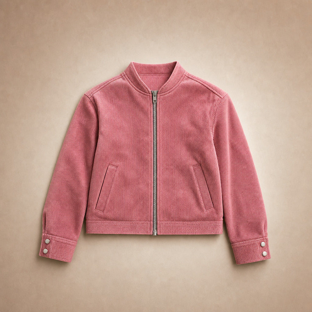 Stylish Cropped Zip-Up Women's Bomber Jacket Pink – Flat Lay Product Photo