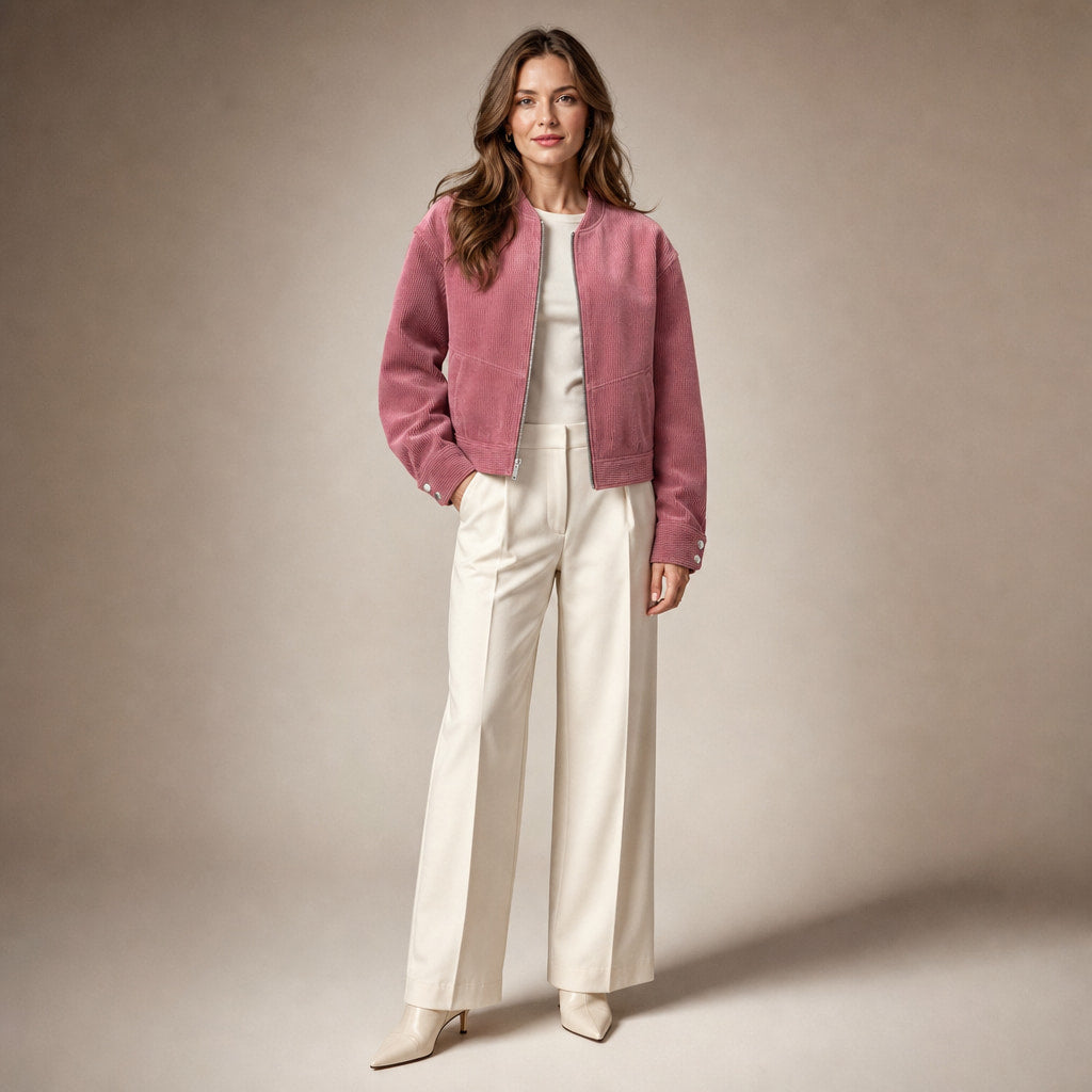 Stylish Cropped Zip-Up Women's Bomber Jacket in Pink – Mampierimoda Premium Womenswear